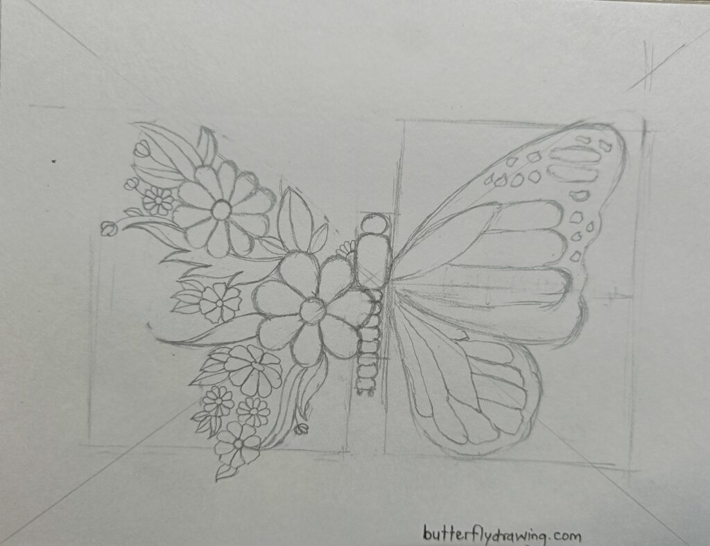 Half Butterfly Half Flower Drawing